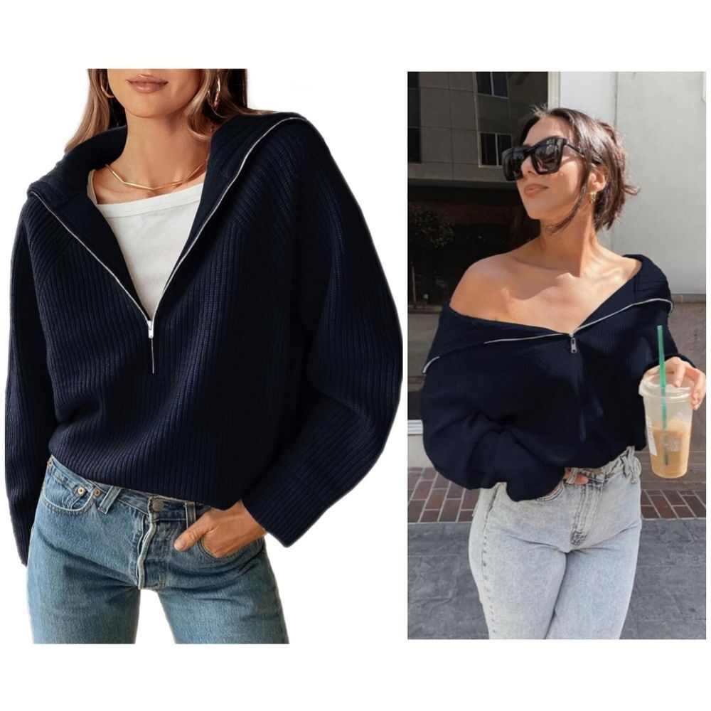 BTFBM Women's S Navy Blue Ribbed Slouchy Half-Zip Pullover Long Sleeve Sweater